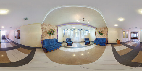 360 panorama in stylish guest hall or restroom in hotel with sofa in equirectangular spherical...