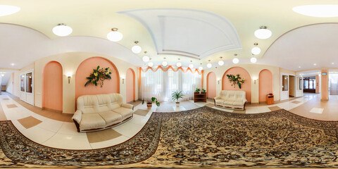 360 panorama in stylish guest hall or restroom in hotel with sofa in equirectangular spherical projection. VR AR content