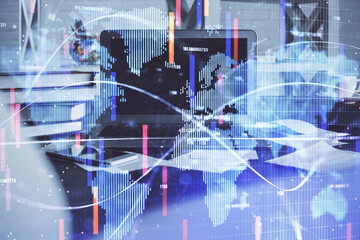 Multi exposure of business theme icons and table with computer background. Concept of success.