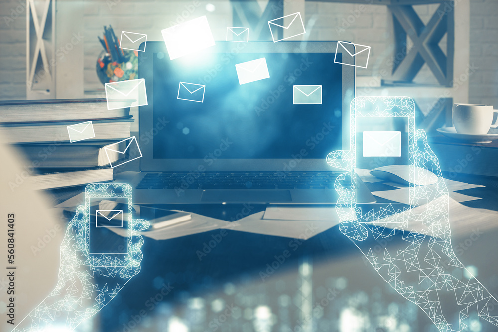 Poster desktop computer background in office and flying envelops hologram drawing. multi exposure. electron