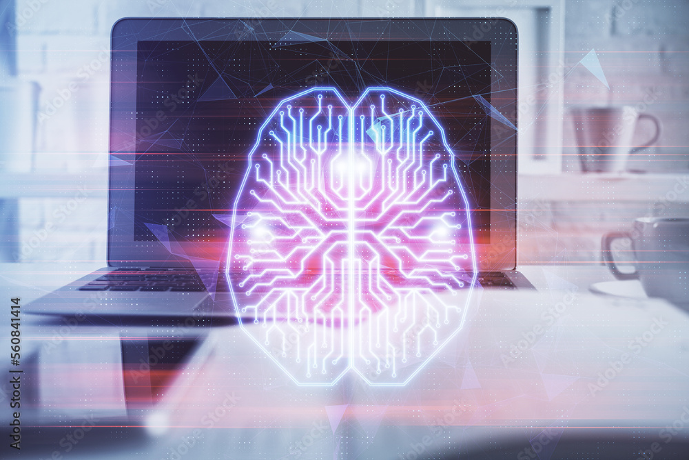 Poster Double exposure of work table with computer and brain sketch hologram. Brainstorming concept.