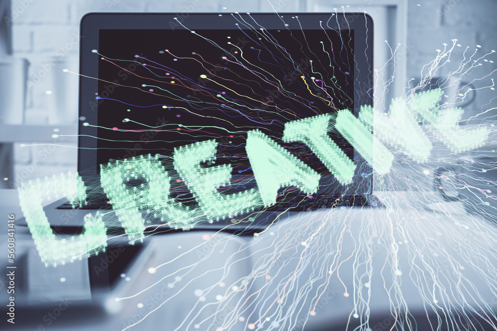 Poster desktop computer background in office and start up theme hologram drawing. double exposure. startup 