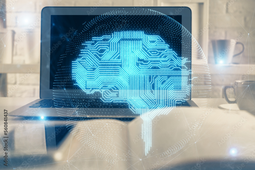 Poster Double exposure of work table with computer and brain sketch hologram. Brainstorming concept.