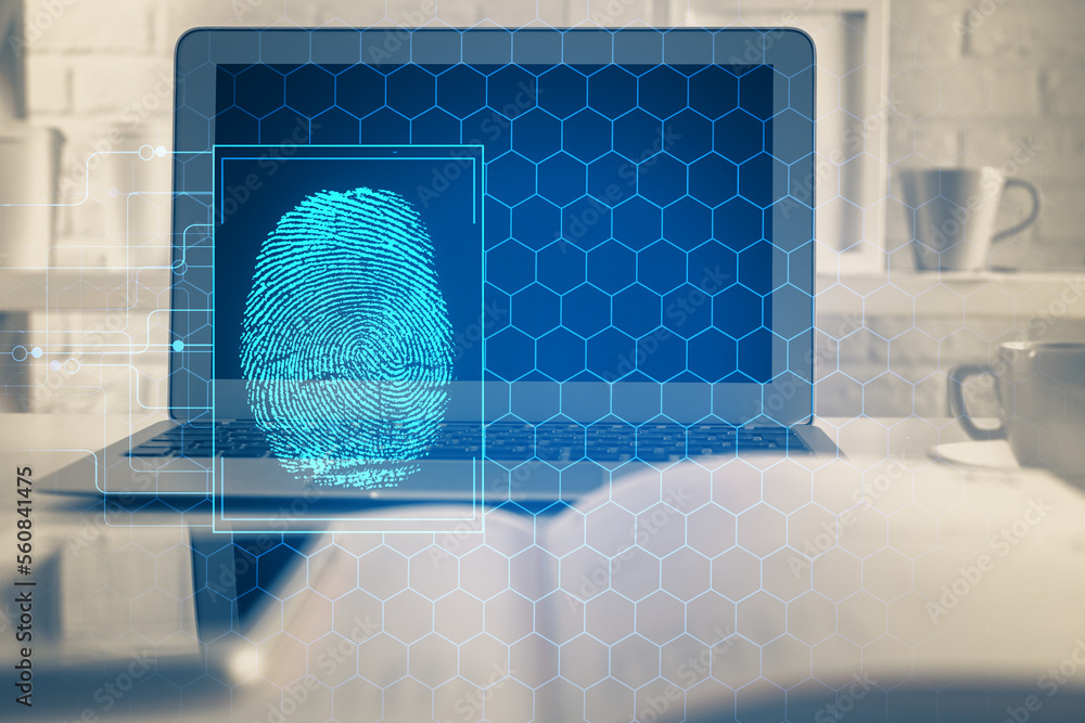 Poster computer on desktop in office with finger print drawing. double exposure. concept of business data s