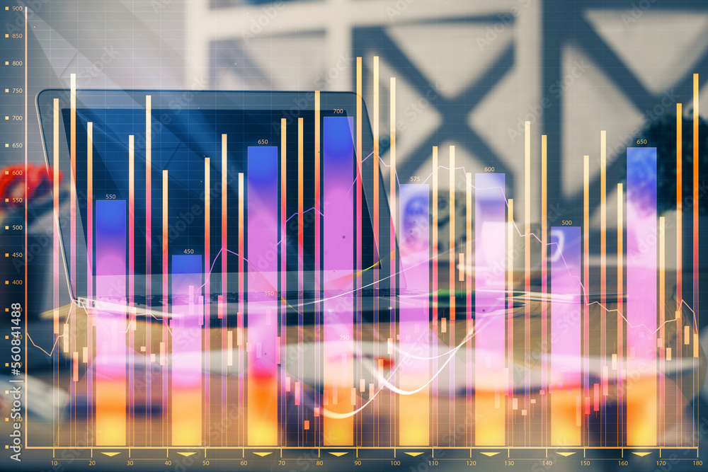 Aufkleber Financial graph colorful drawing and table with computer on background. Double exposure. Concept of international markets.