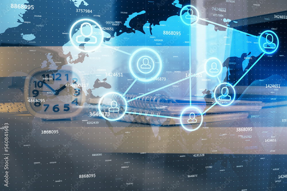 Poster computer on desktop with social network theme icon. multi exposure. concept of international connect