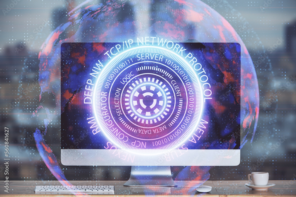 Aufkleber computer on desktop in office with technology theme hologram. multi exposure. tech concept.