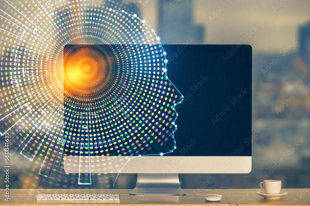 Poster Double exposure of table with computer and brain hologram. Data innovation concept.