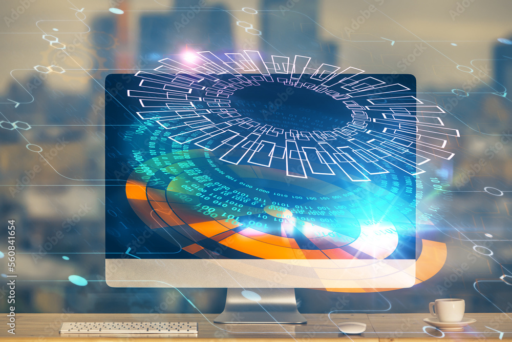 Aufkleber Technology theme drawing and table with computer. Multi exposure. Concept of information.