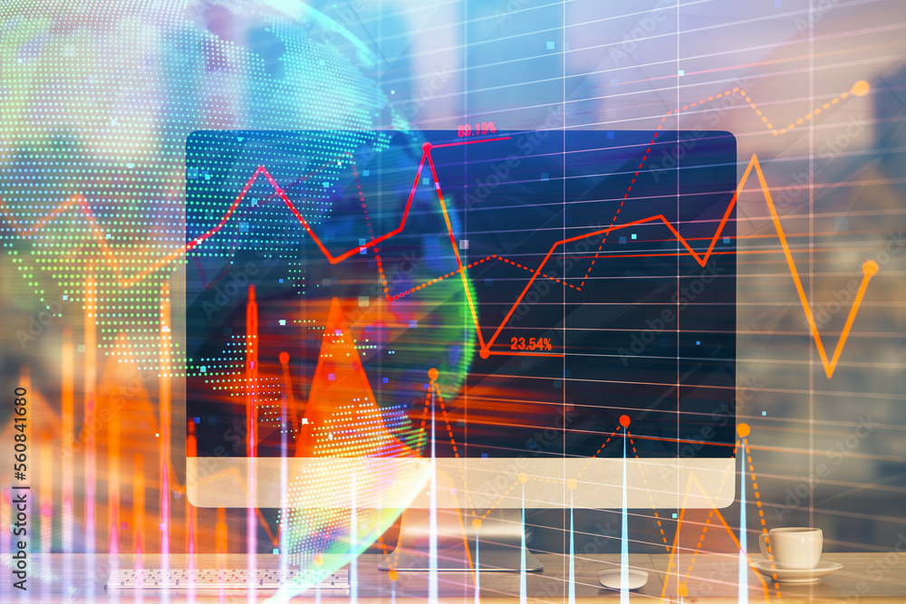 Poster Financial graph colorful drawing and table with computer on background. Double exposure. Concept of international markets.