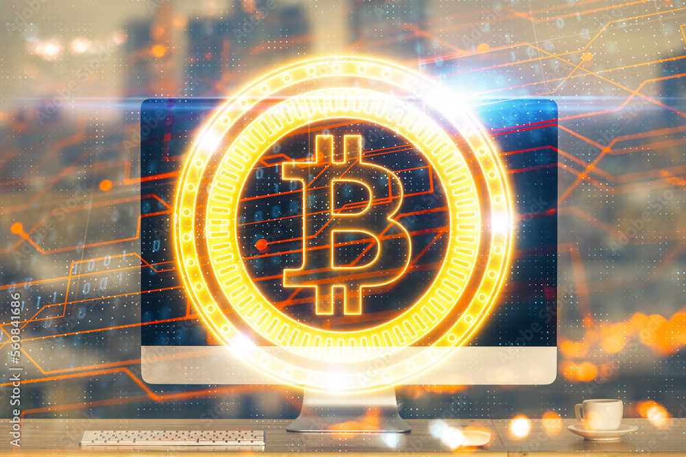 Aufkleber Multi exposure of blockchain theme hologram and table with computer background. Concept of bitcoin crypto currency.