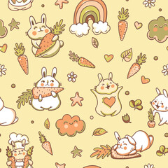 Cute neutral doodle bunny with rainbow seamless pattern