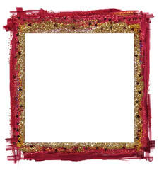 Deep red and golden glitter roughly painted textured frame with tiny ultramarine stars and copy space for overlaid objects, social media postings, cards, emails and wide range of projects.