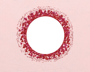 Light pink painted frame overlay with red glitter hearts and circular opening negative copy space for overlaid objects, social media postings, cards, emails, pictures and wide range of projects.