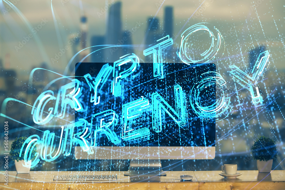 Poster multi exposure of blockchain theme hologram and table with computer background. concept of bitcoin c