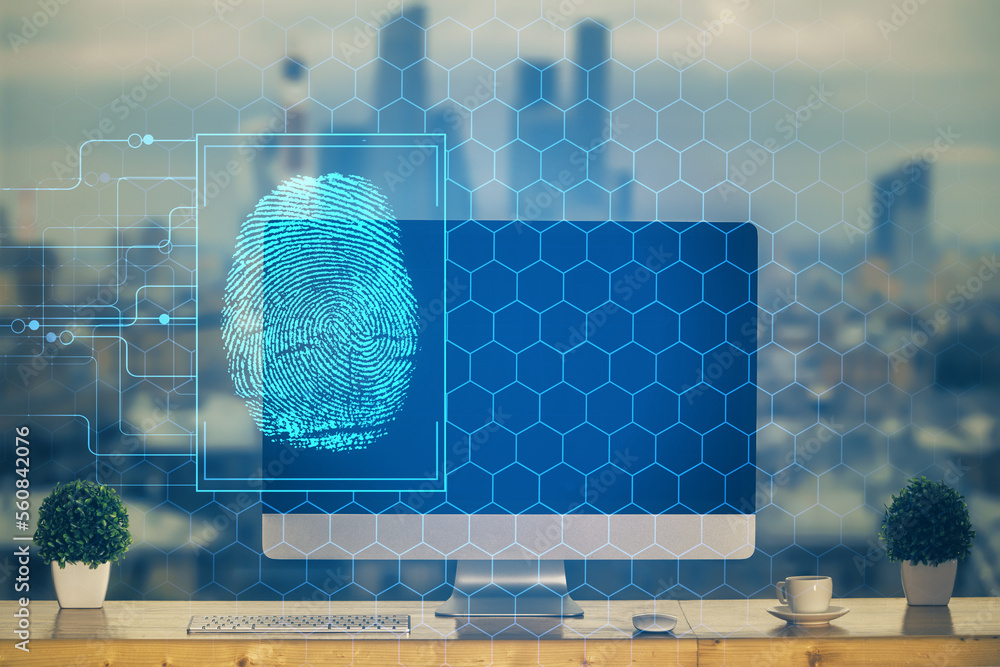Poster Computer on desktop in office with finger print drawing. Double exposure. Concept of business data security.