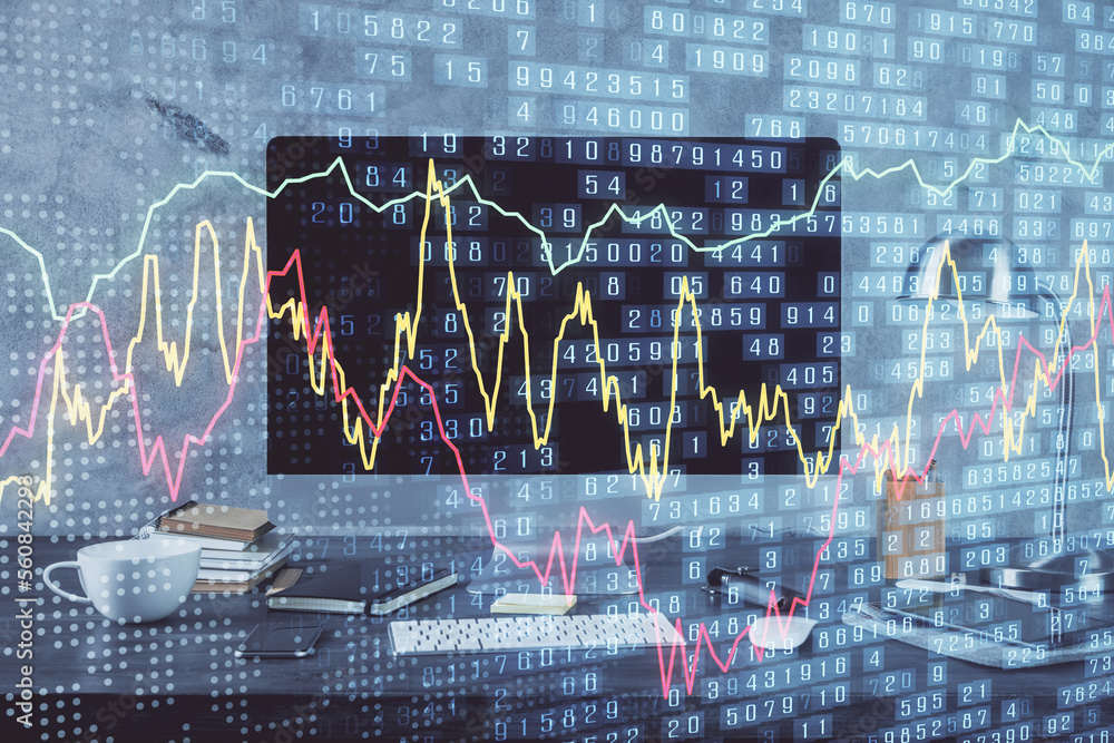 Aufkleber financial graph colorful drawing and table with computer on background. double exposure. concept of 