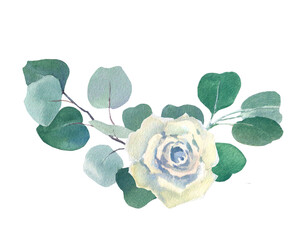 Funeral floral arrangement, white flowers rose and eucalyptus wreath, hand drawn watercolor illustration isolated on white background.