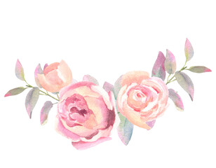 Blush Peach Watercolor Floral Arrangement roses and eucalyptus branches, isolated on white background. For the design and decoration of wedding and greeting printing, cards. © Brelena