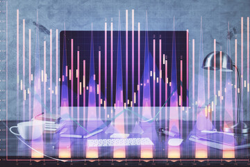 Financial graph colorful drawing and table with computer on background. Double exposure. Concept of international markets.