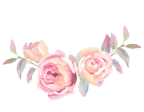 Blush Peach Watercolor Floral Arrangement roses and eucalyptus branches, isolated on white background. For the design and decoration of wedding and greeting printing, cards.