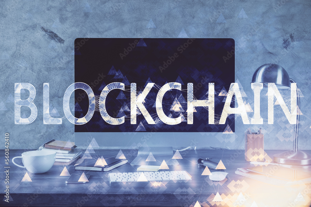 Poster Multi exposure of blockchain theme hologram and table with computer background. Concept of bitcoin crypto currency.
