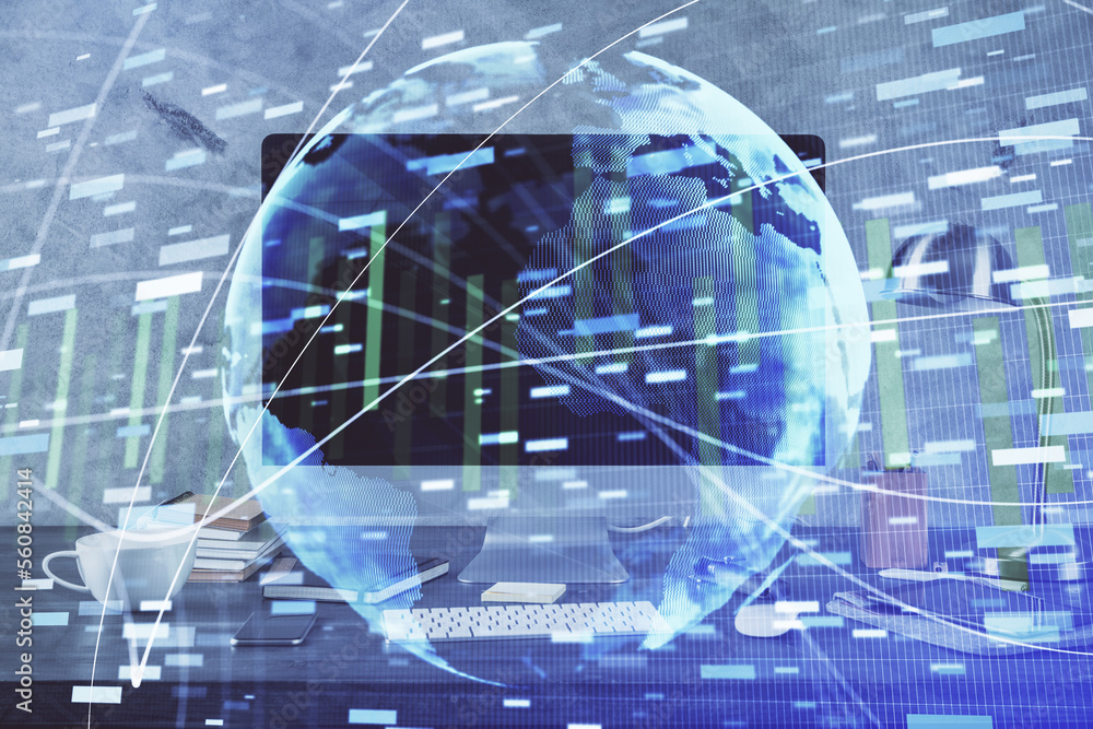 Leinwandbilder multi exposure of business theme icons and table with computer background. concept of success.
