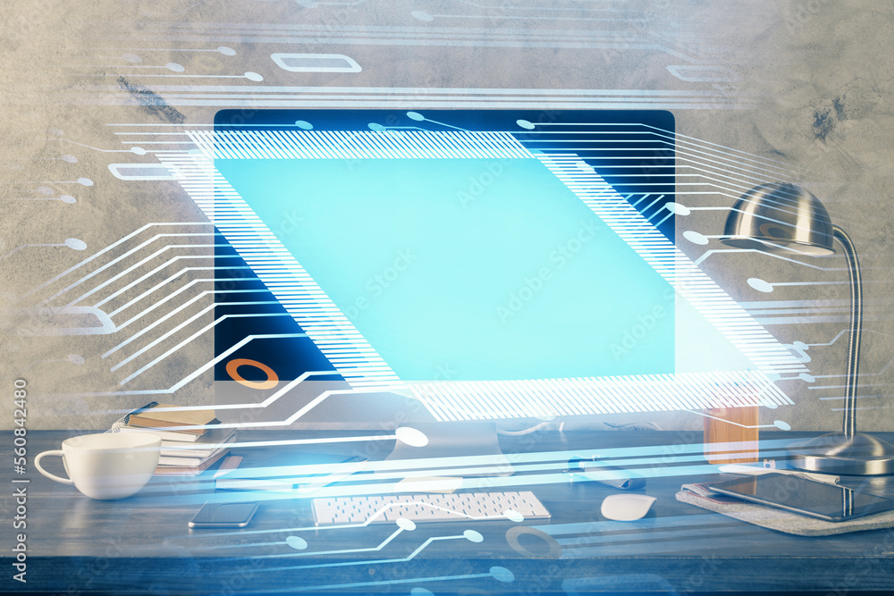 Poster Technology theme drawing and table with computer. Double exposure. Concept of information.