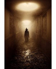 An evil character waiting in a spooky hallway, spooky corridor, danger, book cover, design