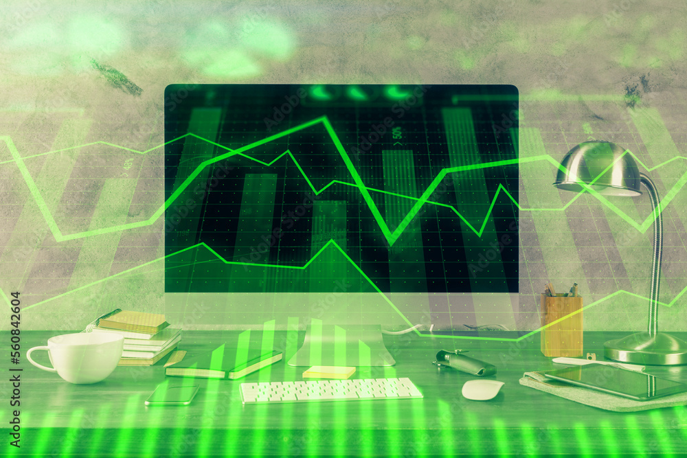 Aufkleber Financial graph colorful drawing and table with computer on background. Double exposure. Concept of international markets.