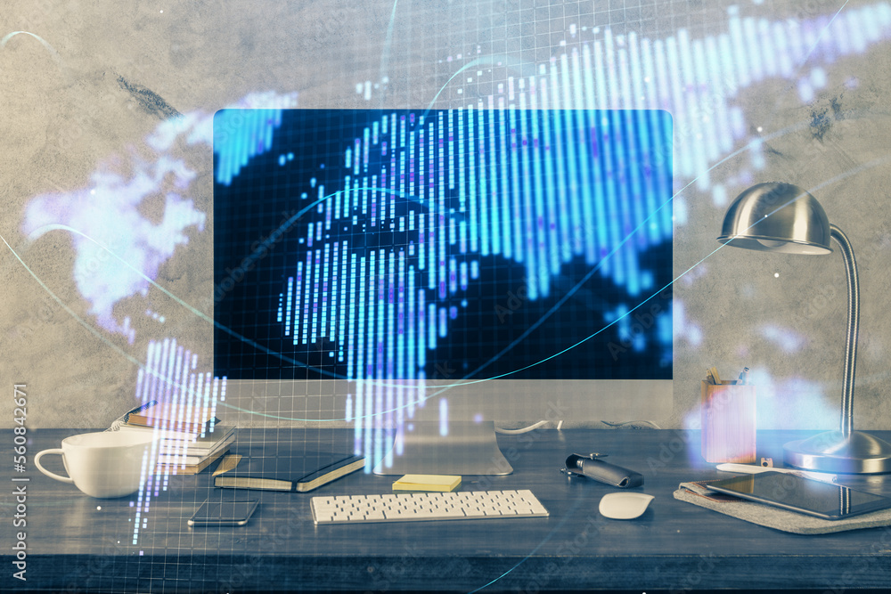 Poster Multi exposure of business theme icons and table with computer background. Concept of success.