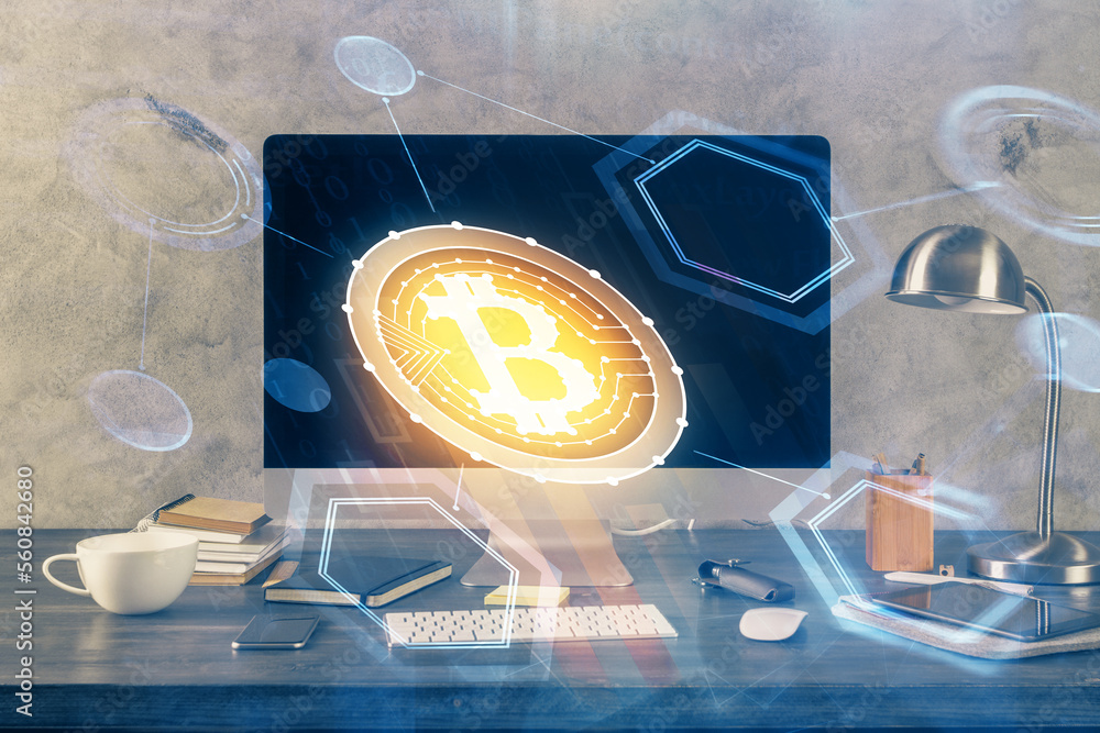 Poster Multi exposure of blockchain theme hologram and table with computer background. Concept of bitcoin crypto currency.