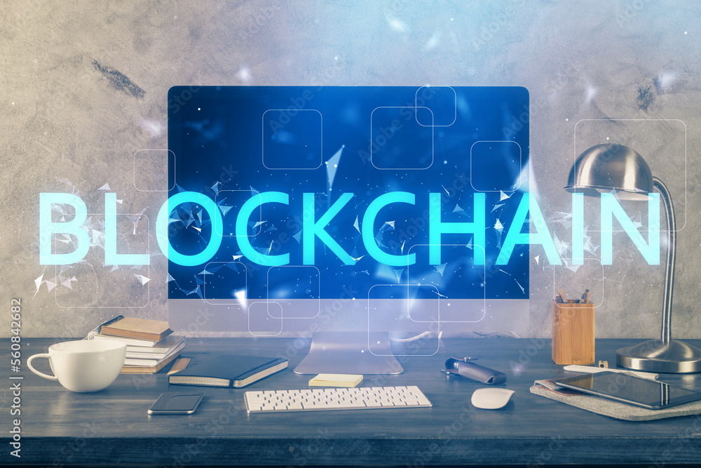 Poster Multi exposure of blockchain theme hologram and table with computer background. Concept of bitcoin crypto currency.