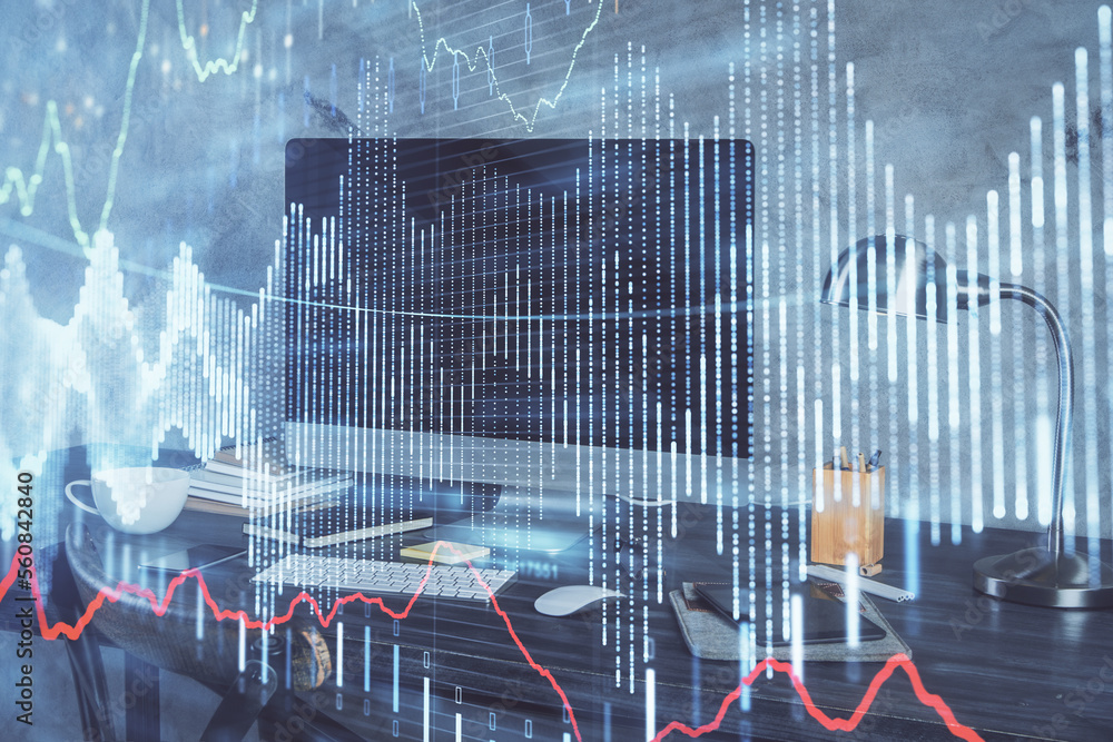 Poster double exposure of forex chart and work space with computer. concept of international online trading