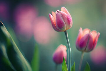 Fototapeta premium Natural spring light Pink tulips on green. Illustration Generative AI