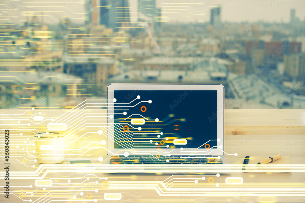 Aufkleber technology theme drawing and table with computer. double exposure. concept of information.