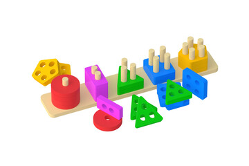 Obraz premium Sorter with geometrical figures for preschool education isolated on white background. Educational logic toys. Montessori games