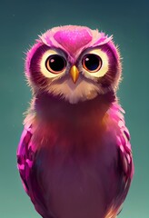 Naklejka premium Funny adorable portrait headshot of cute owl bird. North American flying animal standing facing front. Looking to camera. Watercolor imitation illustration. AI generated vertical artistic poster.
