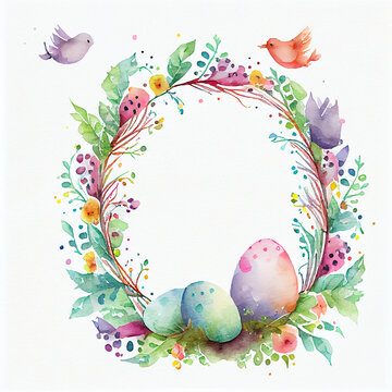 Watercolor cute spring flower empty circle frame. Illustration Generative AI
