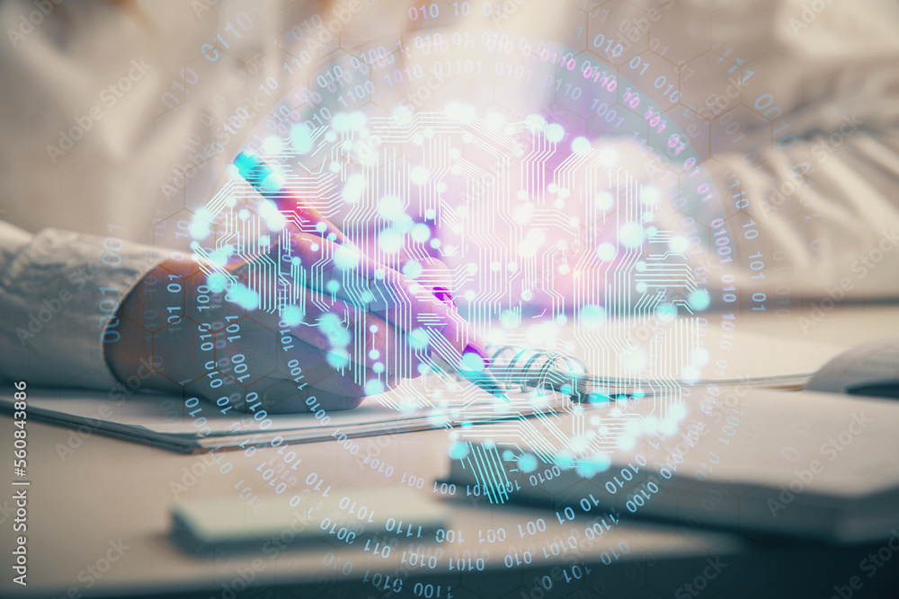 Poster double exposure of woman's writing hand on background with brain hologram. concept of brainstorming.