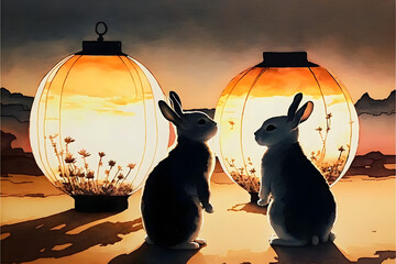 Cute Rabbits and Chinese Lanterns: A Timeless Symbol of Tradition, , Lunar New Year, Year of the Rabbit,Generative AI