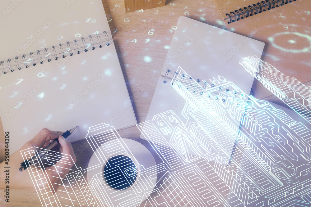Poster IOT drawing over writing hands in notepad background. Concept of smart home. Multi exposure