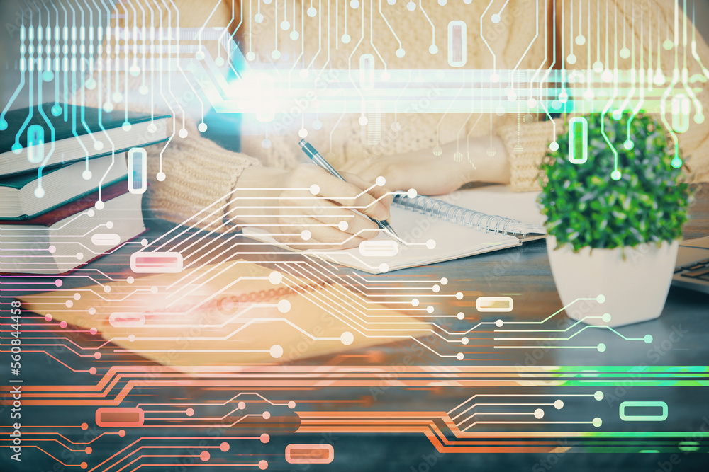 Poster double exposure of writing hands on background with data solution hologram on front. technology conc
