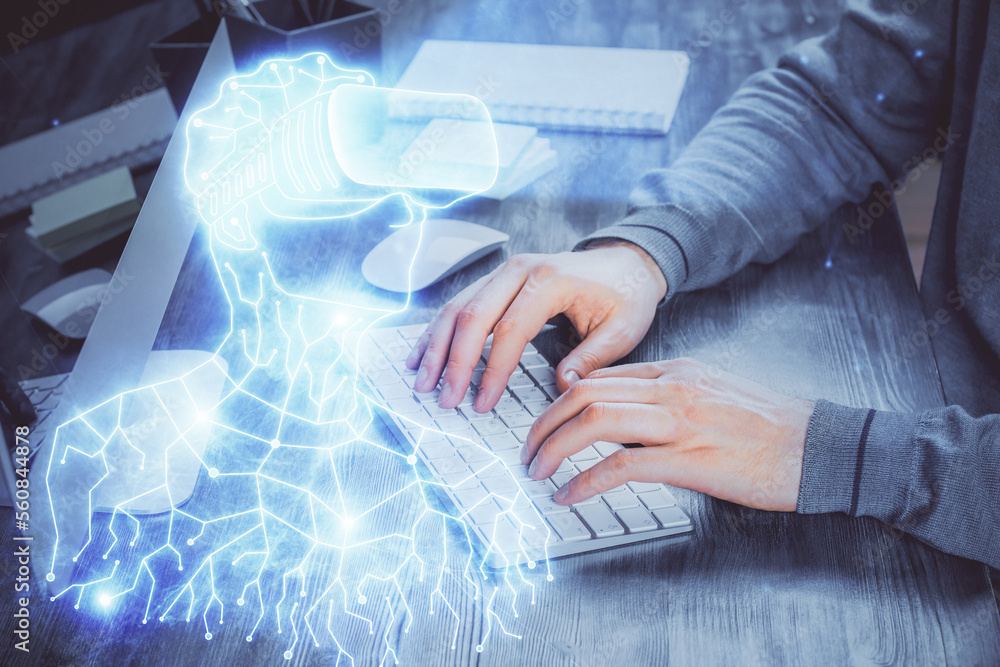 Aufkleber ar hologram with man working on computer on background. augmented reality concept. double exposure.