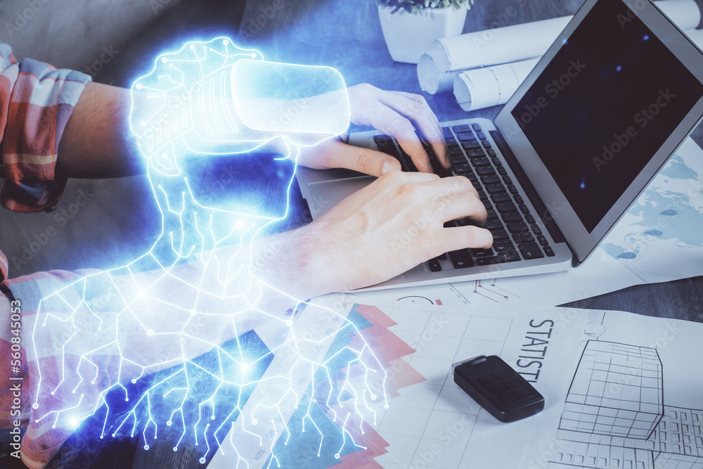 Aufkleber ar hologram with man working on computer on background. augmented reality concept. double exposure.