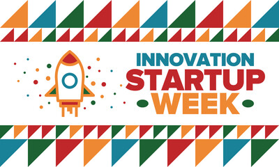 Obraz premium Innovation Startup Week. Business event for make future success. Technology development startups, searching financial and sponsorship. Creative marketing strategy for company. Vector rocket