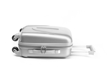 Travel suitcase isolated. Silver plastic luggage or vacation bag