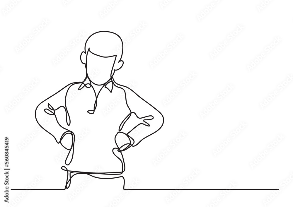 Aufkleber continuous line drawing angry boy with arms on hips - png image with transparent background
