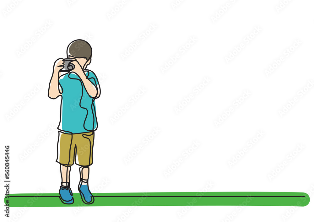 Poster continuous line drawing boy making photos with camera colored - png image with transparent backgroun