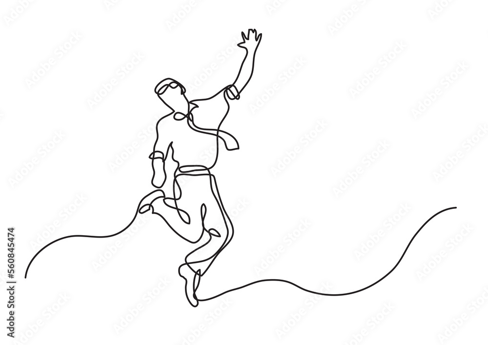 Poster continuous line drawing cheerful jumping businessman - png image with transparent background